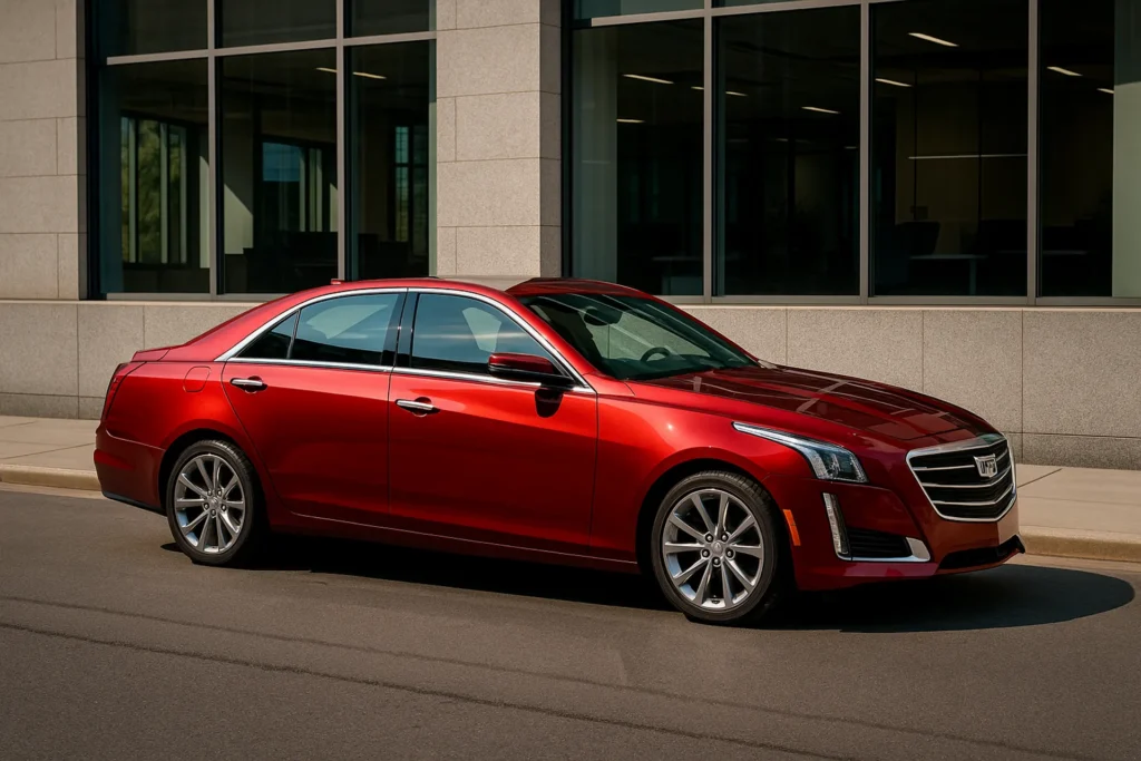 Czerwony Cadillac CTS zaparkowany obok nowoczesnego biurowca, ujęcie z boku