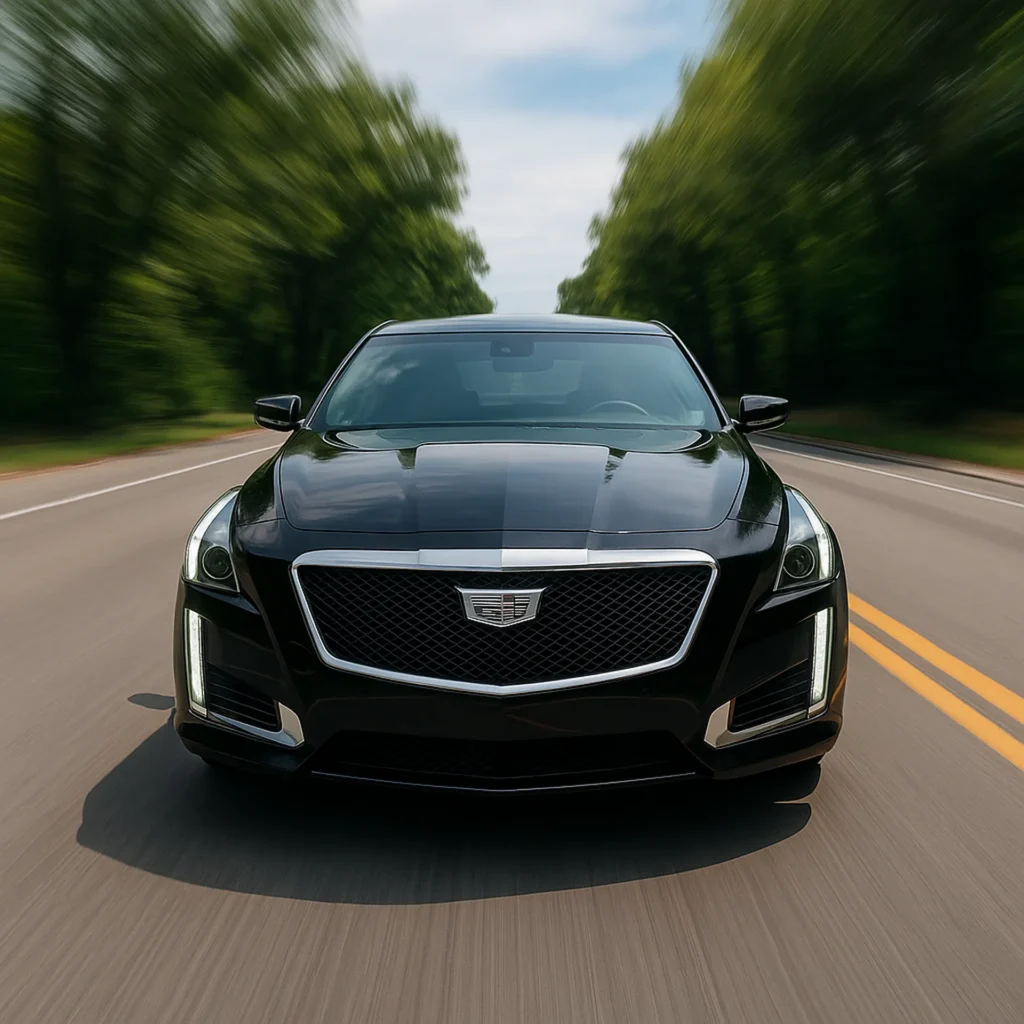 Czarny Cadillac CTS jadący dynamicznie po miejskiej drodze, ujęcie z przodu