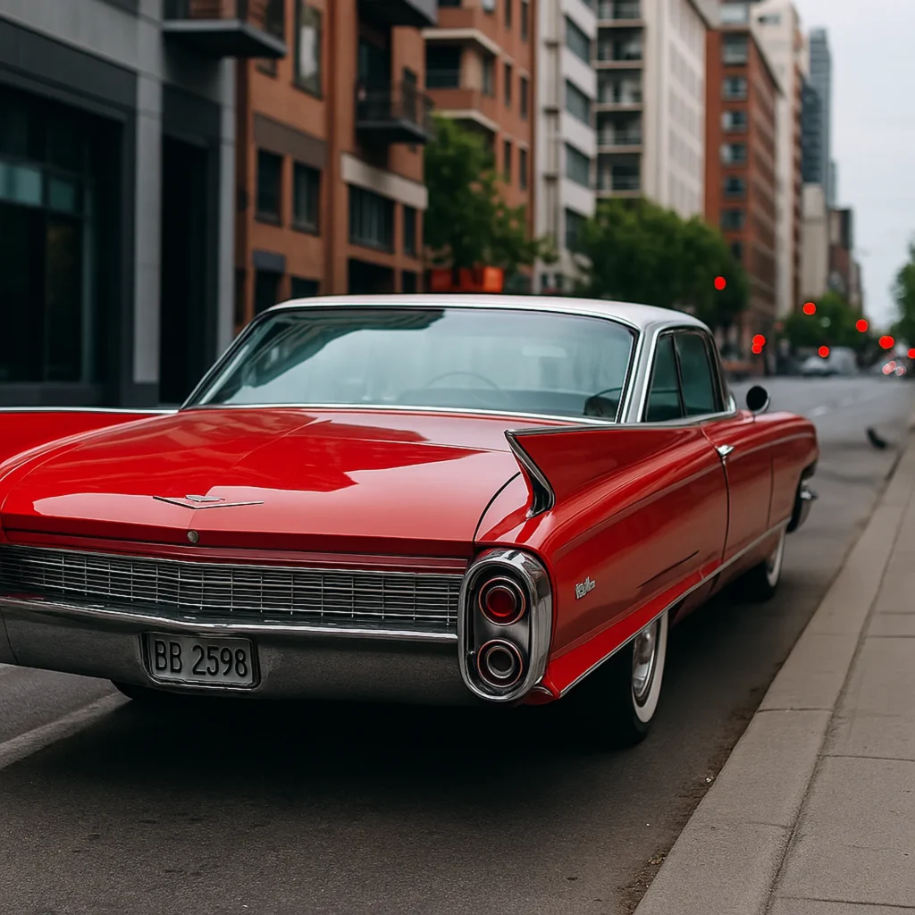 Czerwony Cadillac DeVille widoczny od tyłu, zaparkowany w miejskiej scenerii przy ulicy z budynkami.