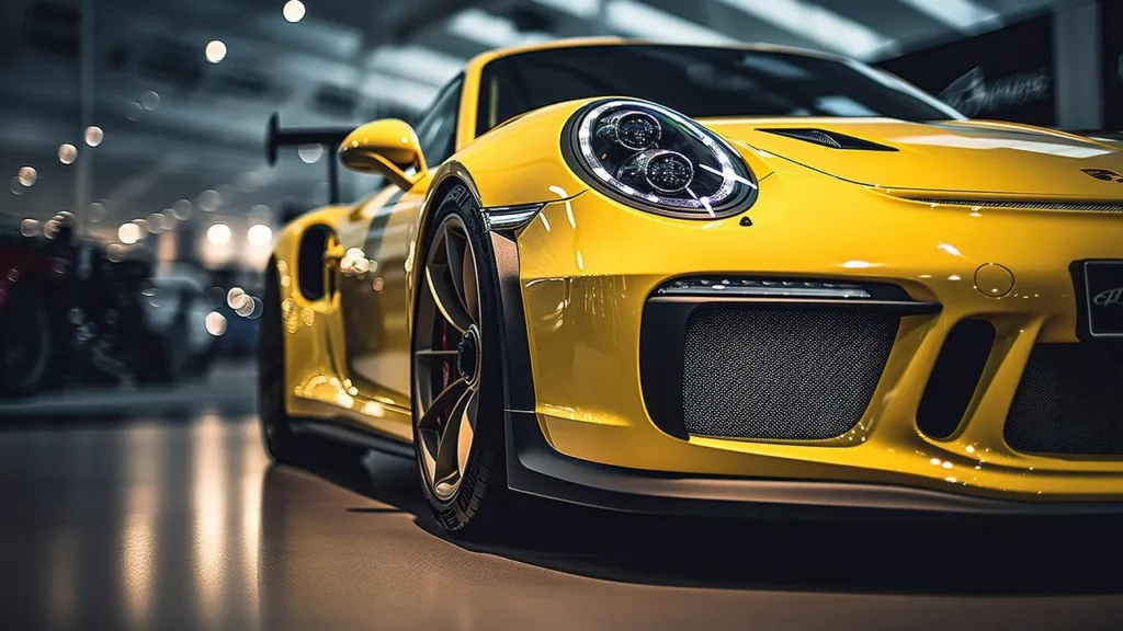 Żółte Porsche 911 GT3 RS w salonie samochodowym, ujęcie z niskiej perspektywy podkreślające aerodynamiczne kształty i sportowe felgi.