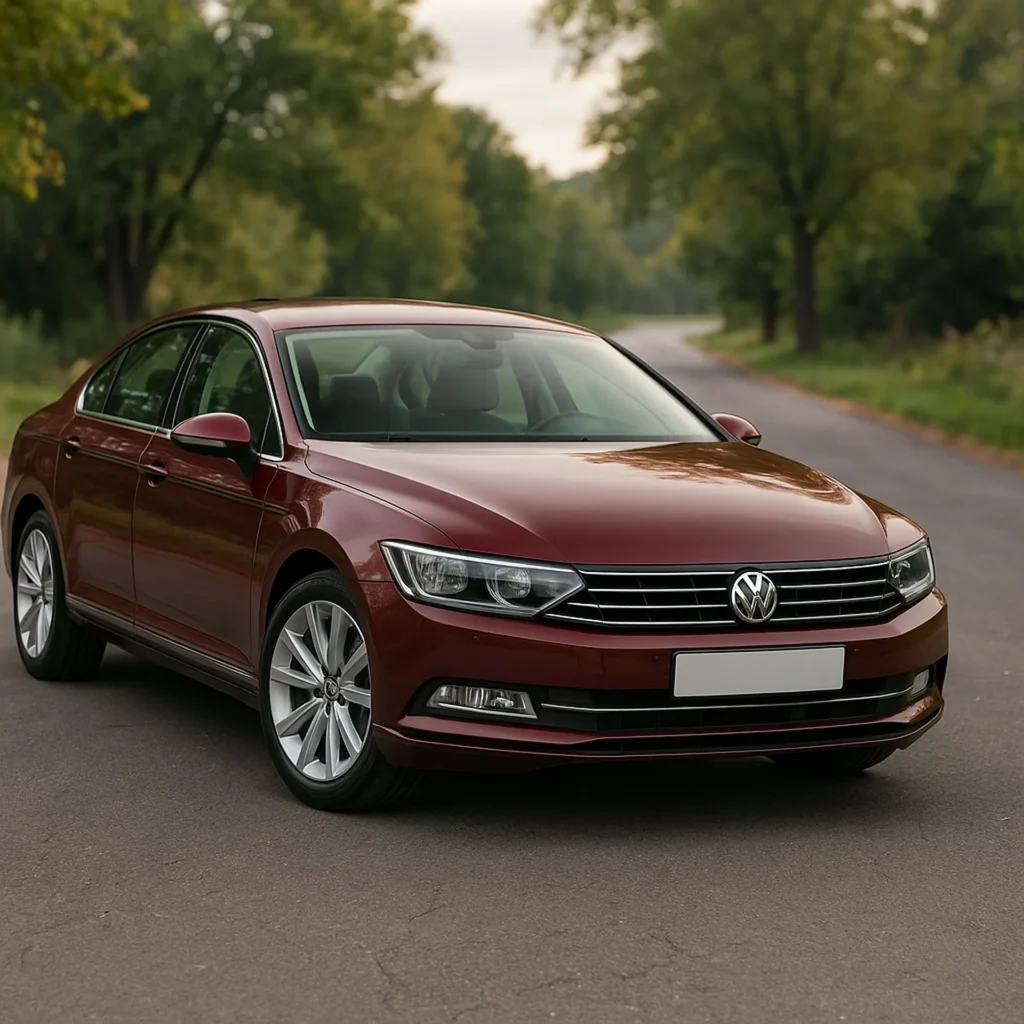 Bordowy Volkswagen Passat na spokojnej, zadrzewionej drodze.