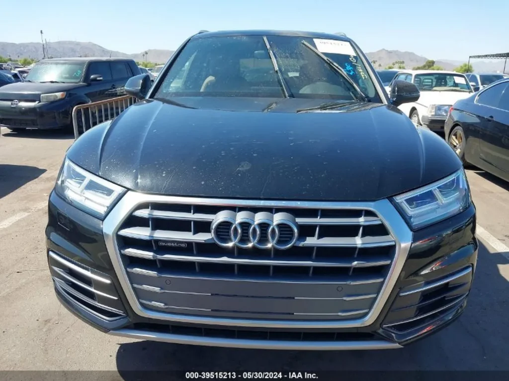 Przód Audi Q5 na wprost, duży grill Singleframe z czterema pierścieniami.