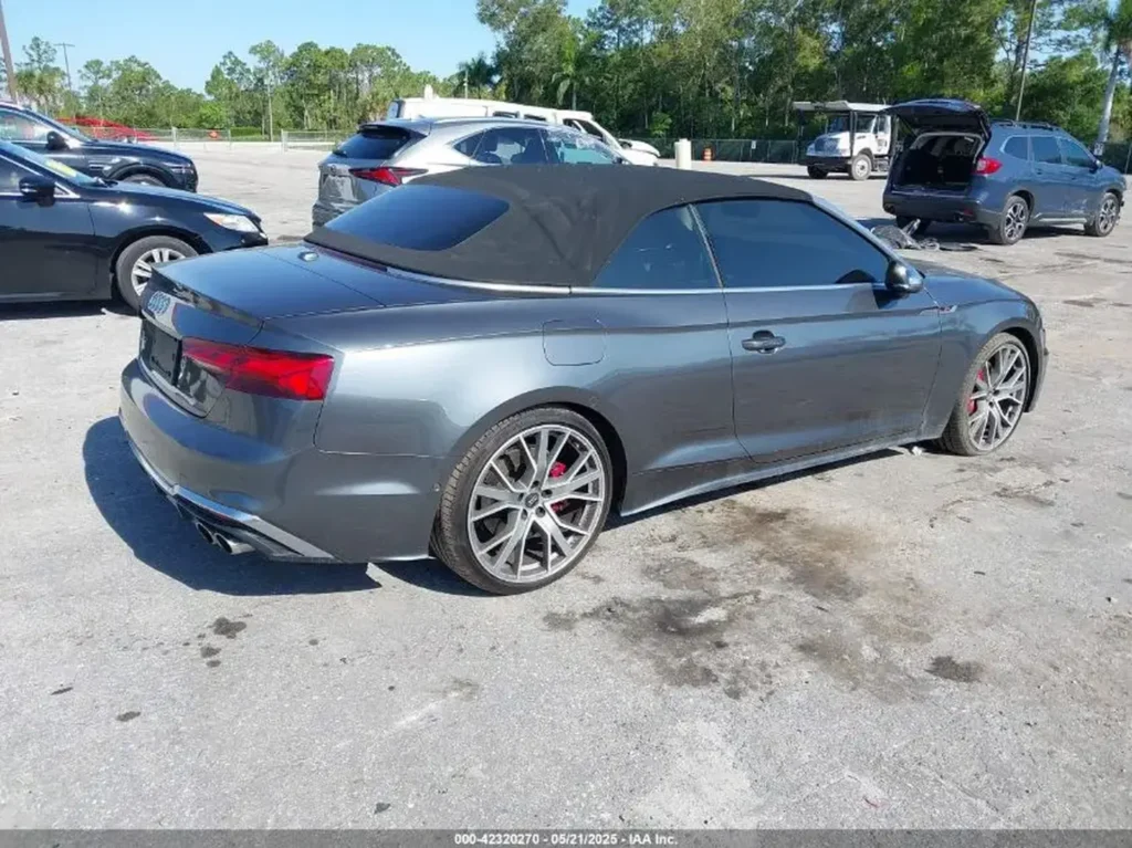 Szary kabriolet Audi S5 z zamkniętym materiałowym dachem na parkingu.