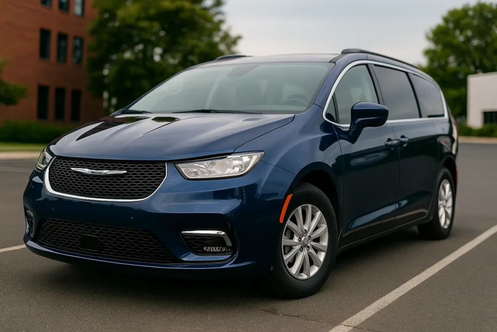 Granatowy Chrysler Pacifica, widok z przodu i boku, zaparkowany na pustym parkingu.