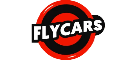 Logo FlyCars w formie czerwono-czarnego koła z białym napisem FLYCARS